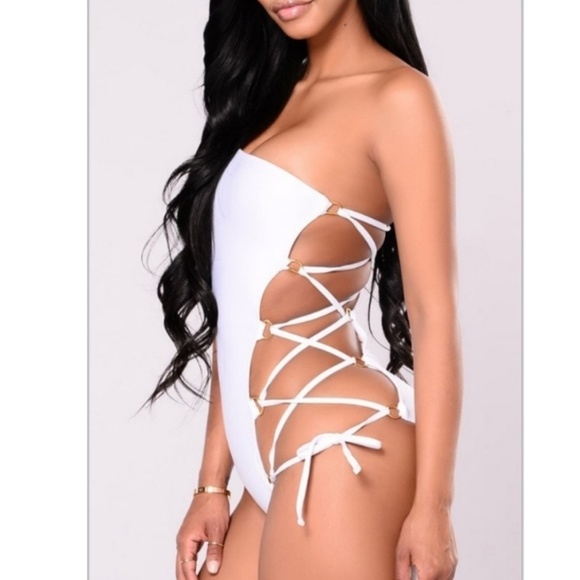 One Piece Swimsuit White Hot Lace Up Open Side - Picture 2 of 7